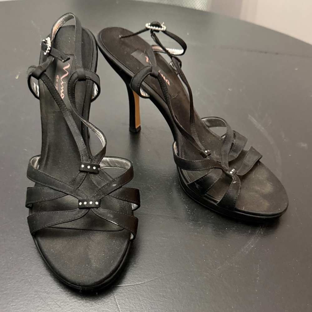 Nina Black Strappy Heels with Rhinestone Detail